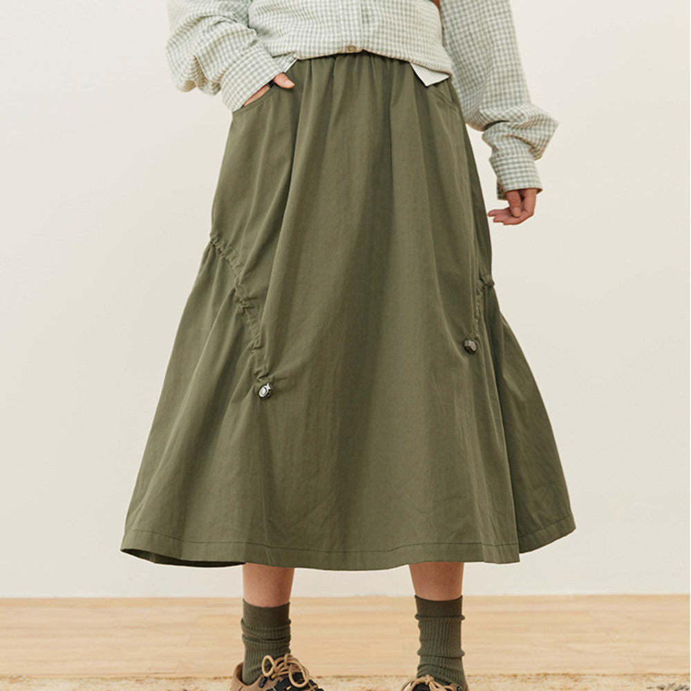 夏季新款設計感錯位抽繩半身裙復古顯瘦A字裙