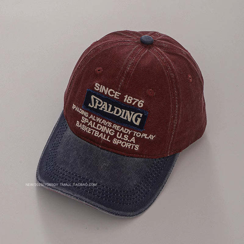 美式復古水洗做舊紅色鴨舌帽子女拼色字母軟頂休閒街頭棒球帽