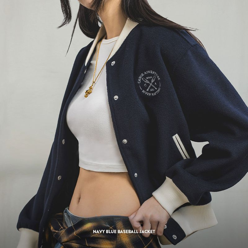 馬登女裝 美式學院風棒球服夾克復古撞色刺繡外套百搭毛呢短上衣春秋女