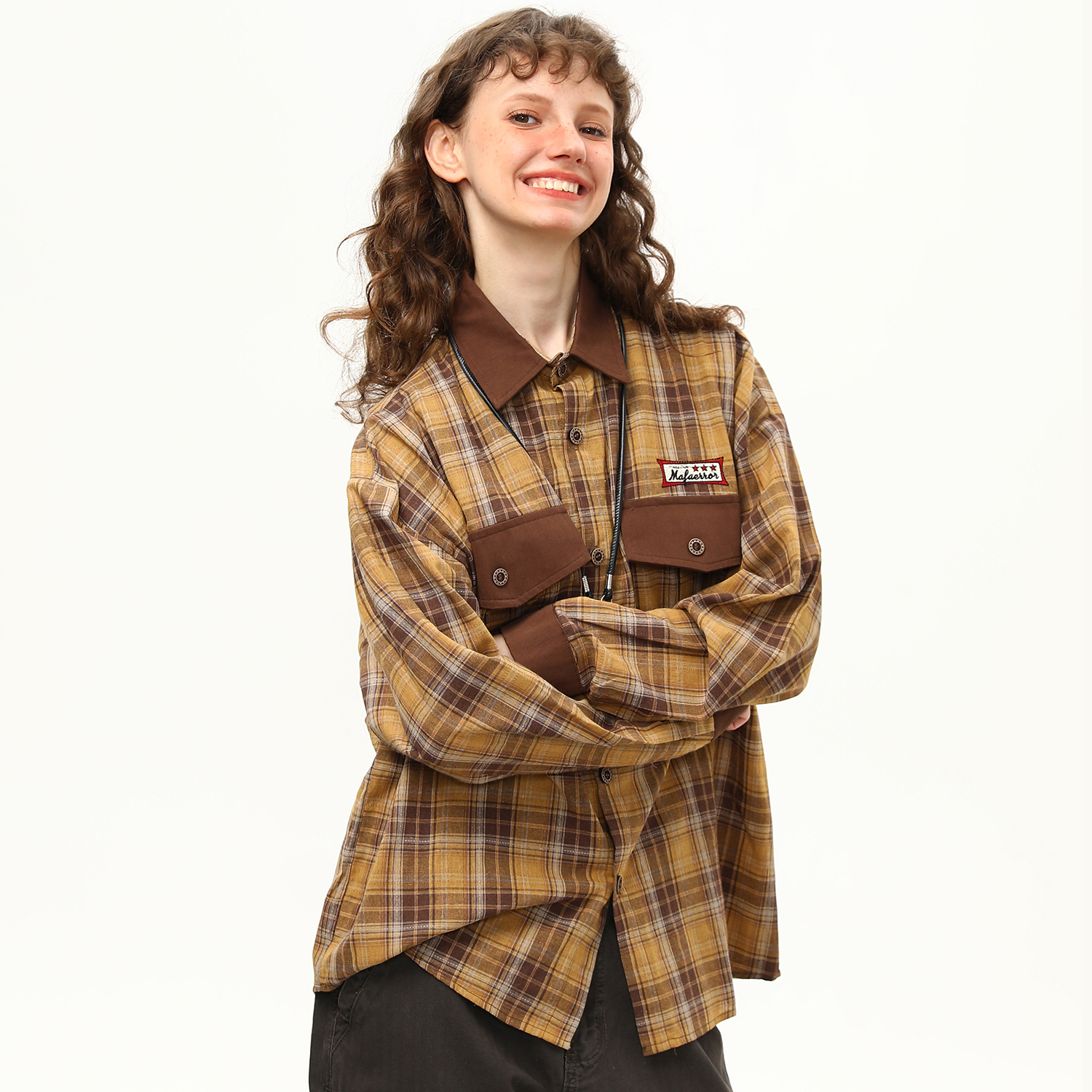 早秋新款美式復古長袖格子襯衫女拼接設計感潮流外穿襯衣