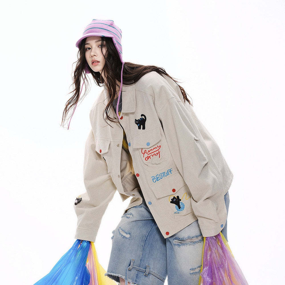 復古設計感工裝外套女春季新款街頭刺繡夾克寬鬆百搭上衣