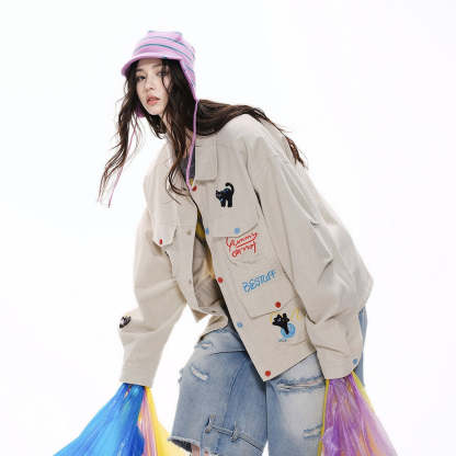 復古設計感工裝外套女春季新款街頭刺繡夾克寬鬆百搭上衣