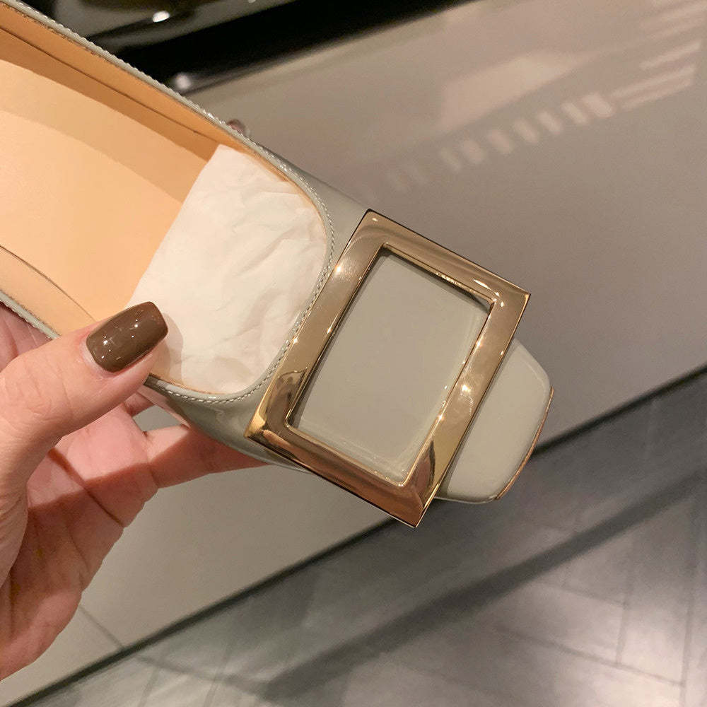 經典方扣小方頭淺口高跟鞋女夏粗跟平底通勤單鞋