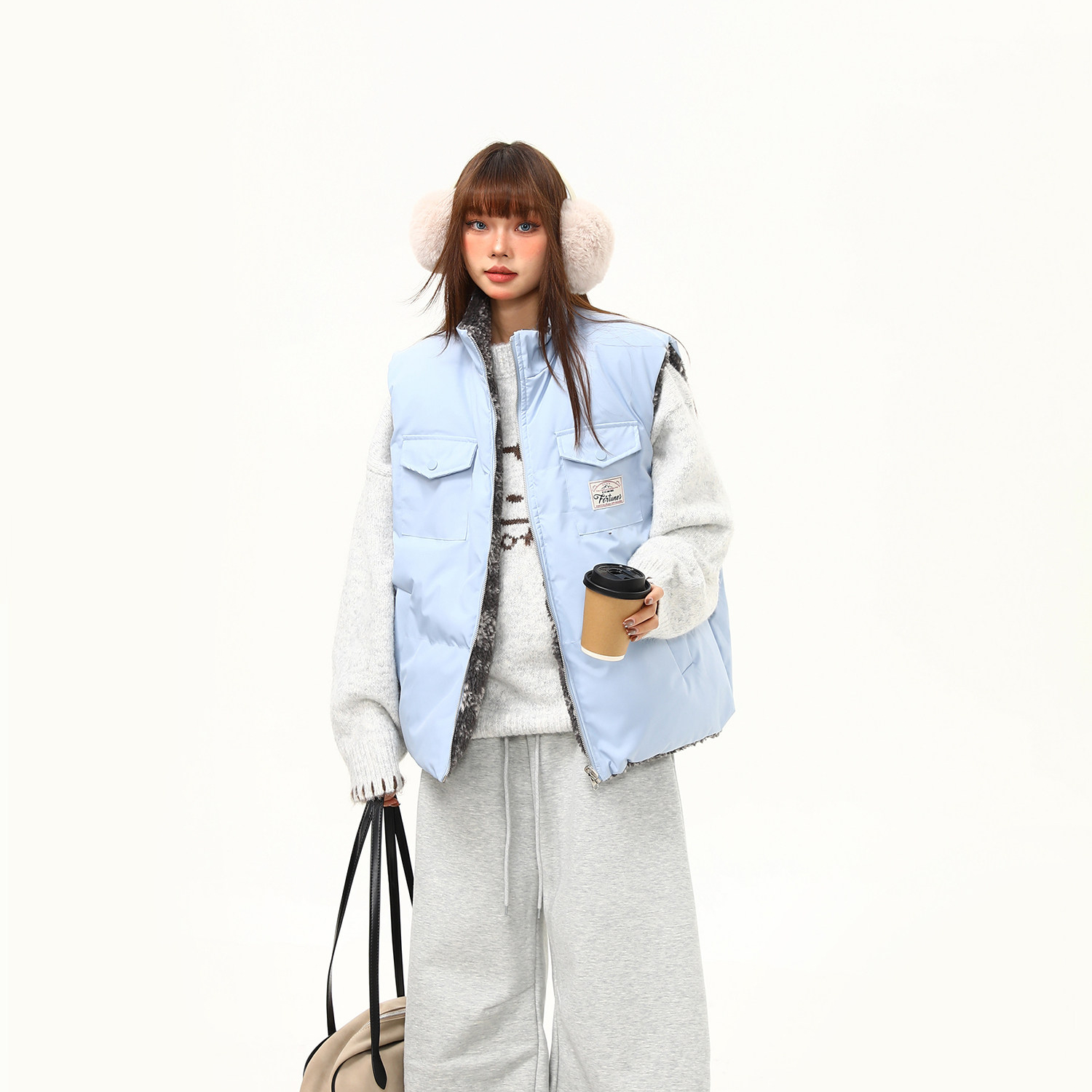 復古羊羔絨立領費爾島夾棉馬甲外套女冬季氛圍感雙面穿