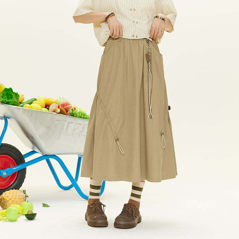 夏季新款設計感錯位抽繩半身裙復古顯瘦A字裙
