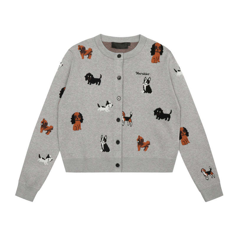 美式復古灰色小狗開衫毛衣女秋冬慵懶風顯瘦針織衫短款外套