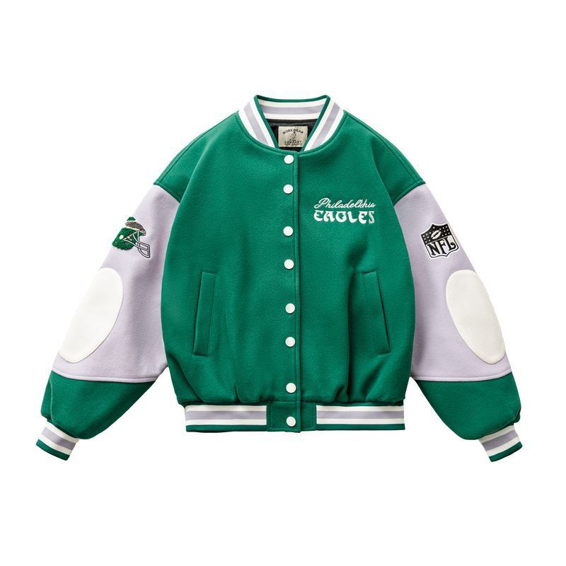 馬登女裝 美式撞色拼接棒球服外套復古休閒毛呢夾克刺繡厚短上衣秋冬女