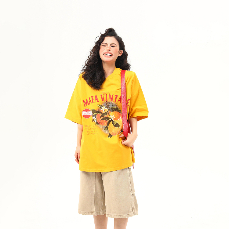 美式復古橘子印花薑黃色短袖T恤女夏季氛圍感穿搭半袖tee