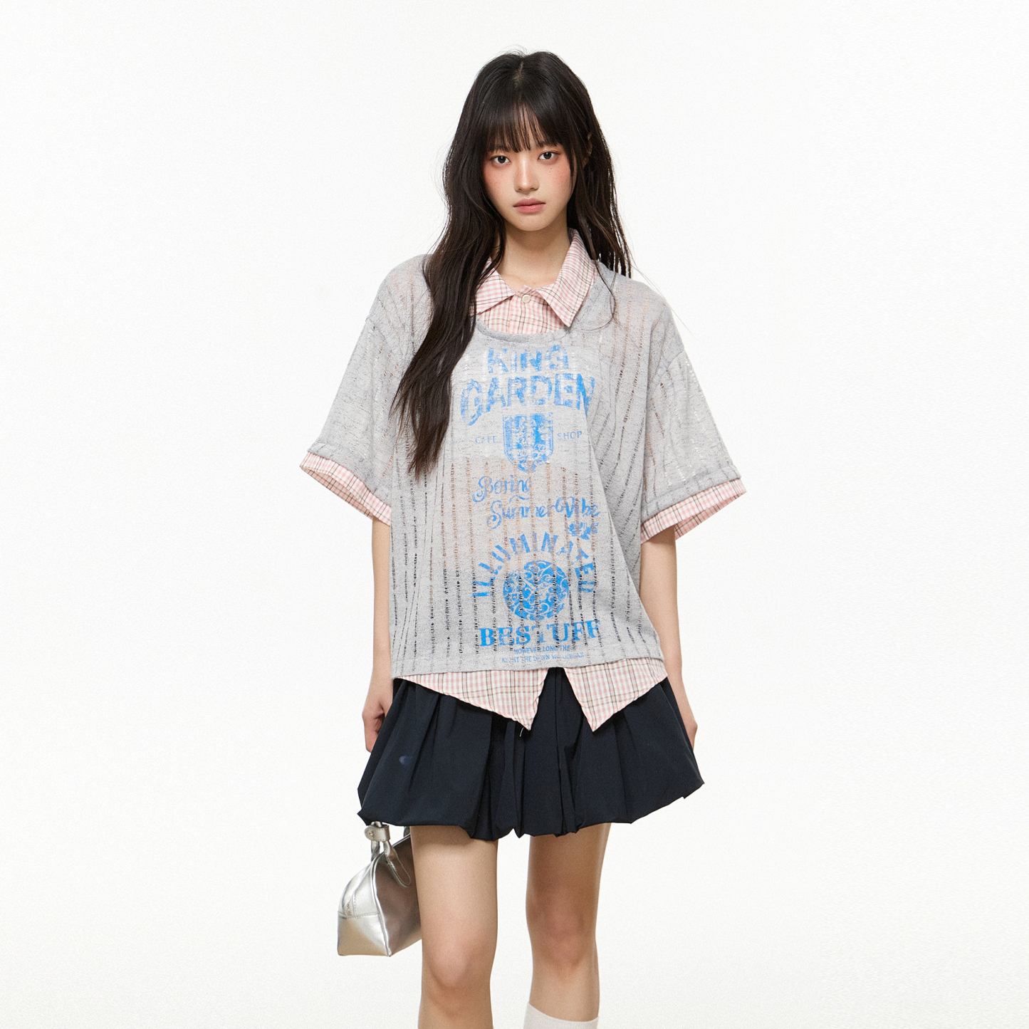 罩衫假兩件短袖t恤女2025夏季新款寬鬆襯衫領氣質套頭上衣女