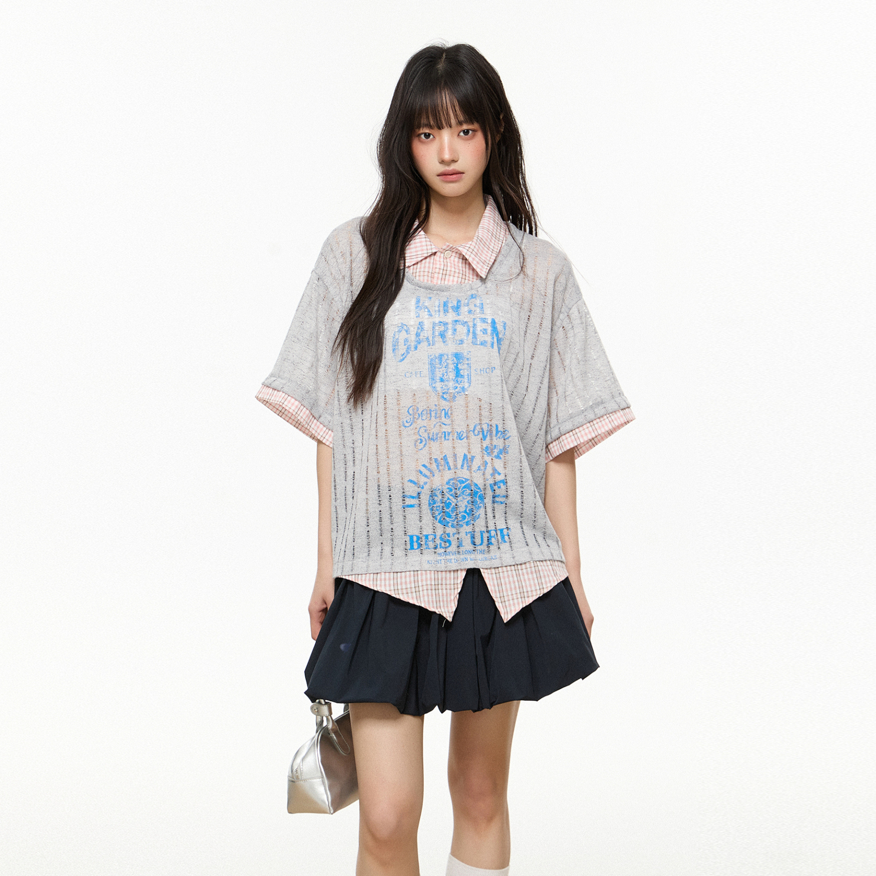 罩衫假兩件短袖t恤女2025夏季新款寬鬆襯衫領氣質套頭上衣女