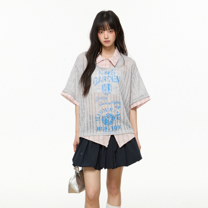 罩衫假兩件短袖t恤女2025夏季新款寬鬆襯衫領氣質套頭上衣女