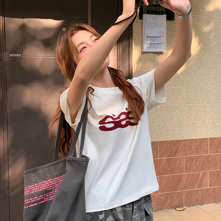 美式復古原創植絨印花正肩短袖t恤女甜酷顯瘦短款小個子上衣