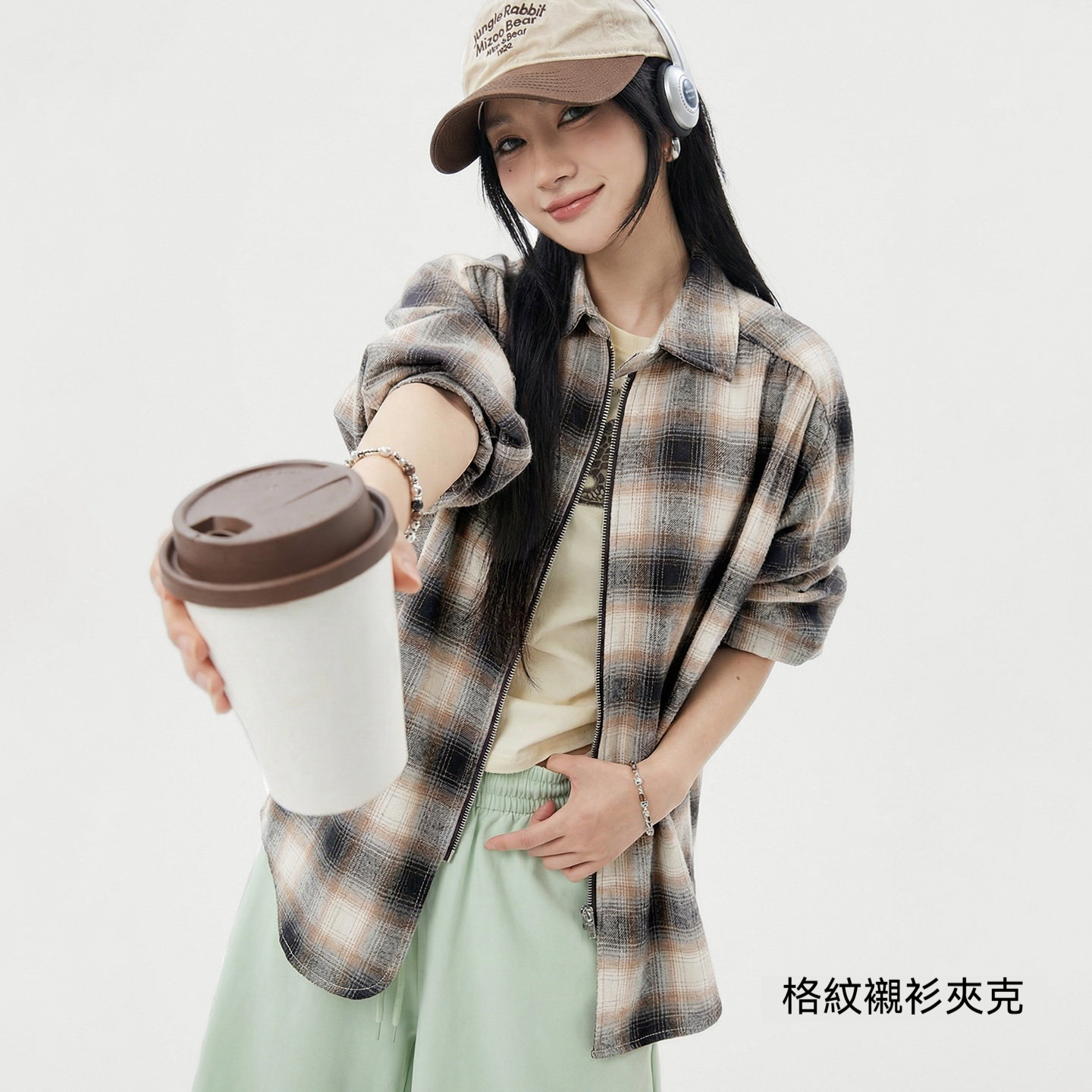 復古寬鬆翻領純棉磨毛格子紋長袖襯衫薄款夾克外套上衣女士春