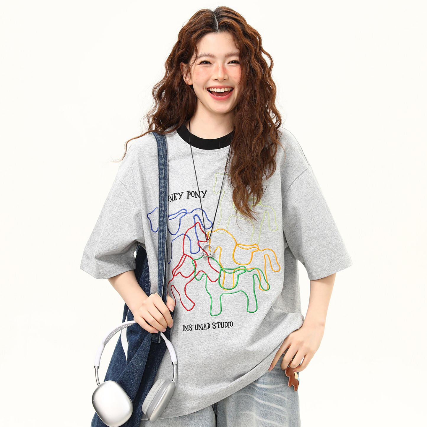馬年創意刺繡美式寬鬆短袖T恤女夏季百搭休閒上衣