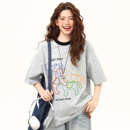 馬年創意刺繡美式寬鬆短袖T恤女夏季百搭休閒上衣