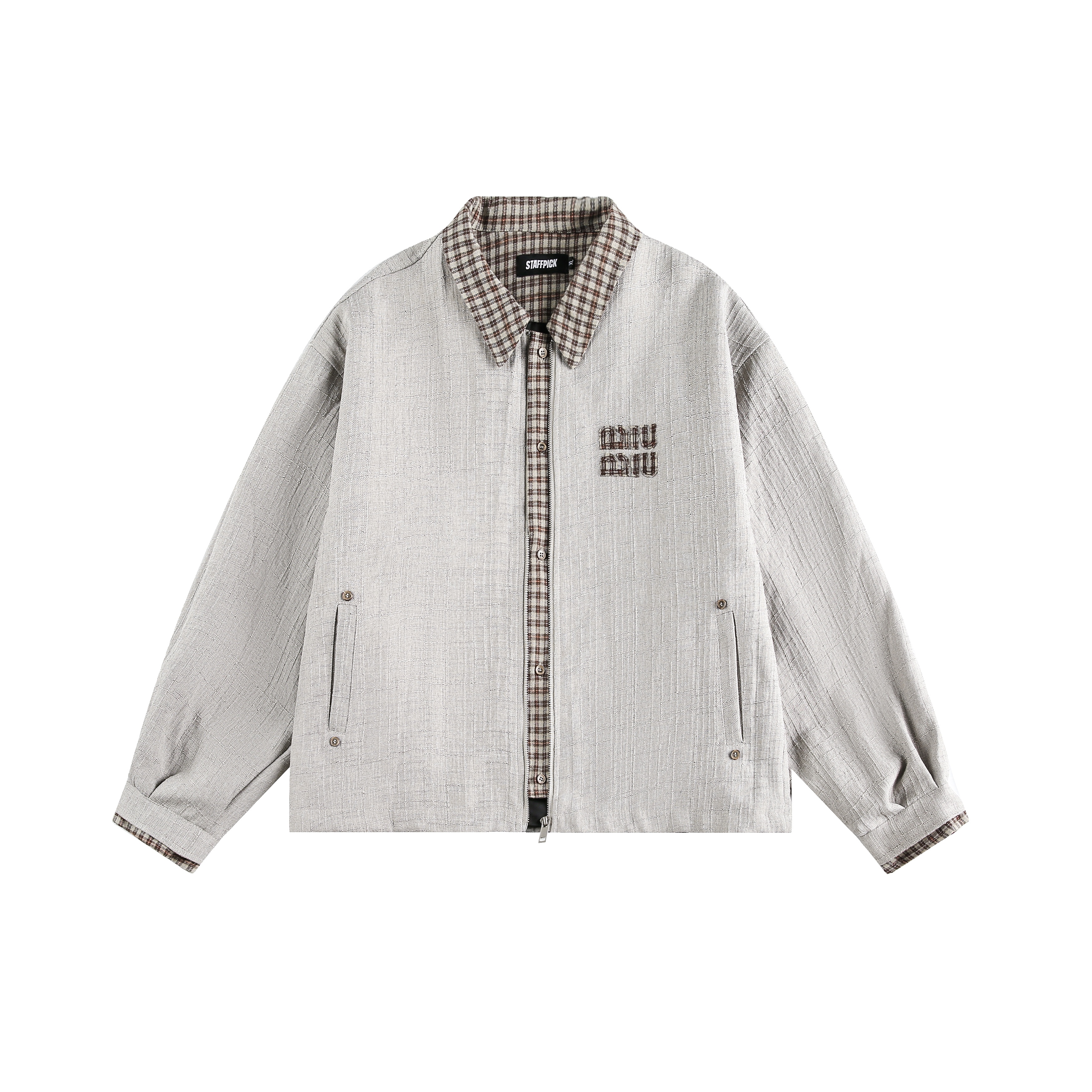 刺繡格子拼接翻領竹節布夾克外套女秋新款休閒寬鬆百搭上衣