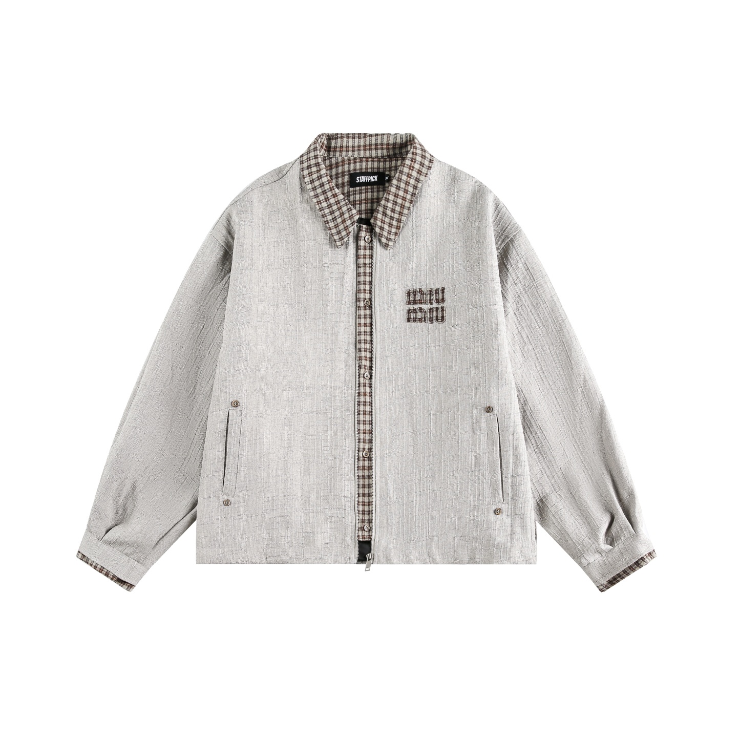 刺繡格子拼接翻領竹節布夾克外套女秋新款休閒寬鬆百搭上衣