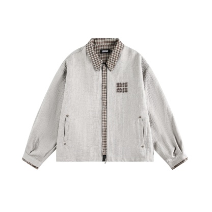 刺繡格子拼接翻領竹節布夾克外套女秋新款休閒寬鬆百搭上衣