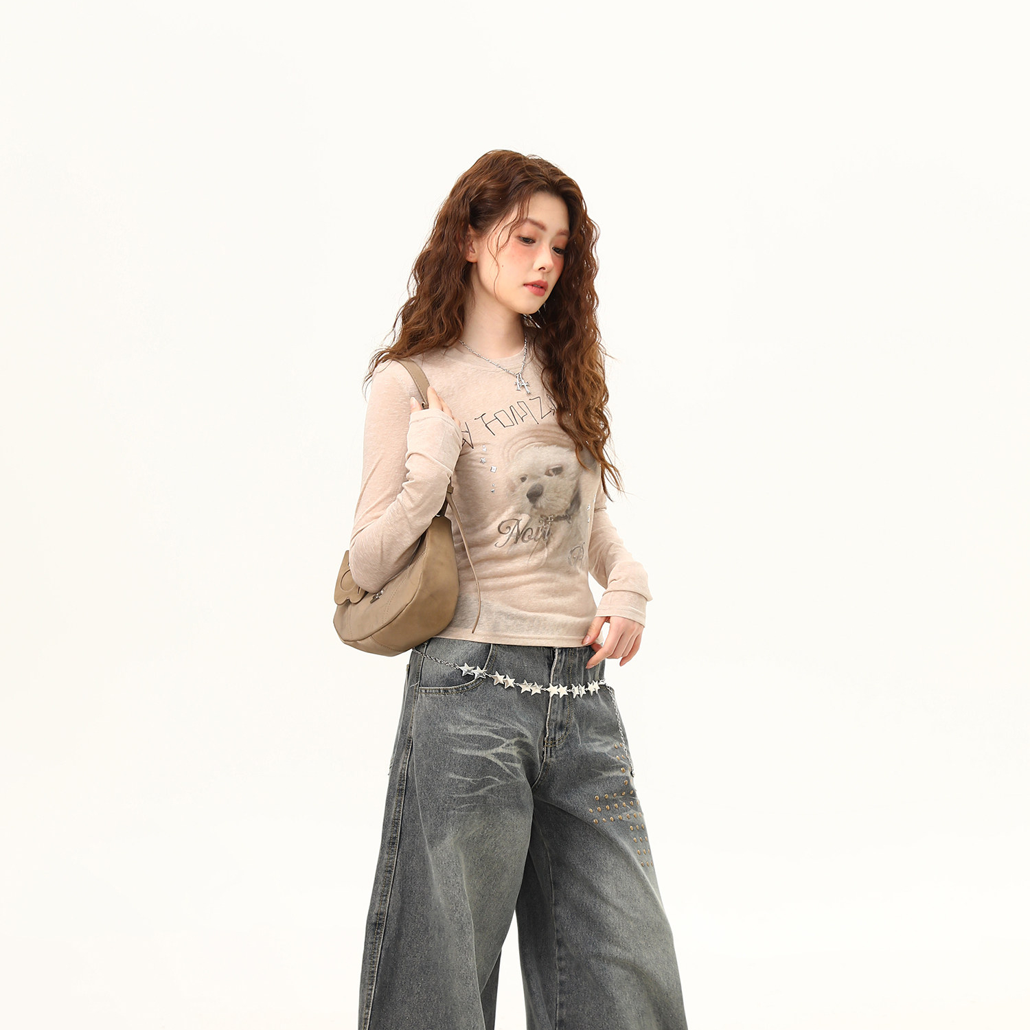 美式復古小狗印花辣妹正肩長袖T恤女夏季微透輕薄罩衫女