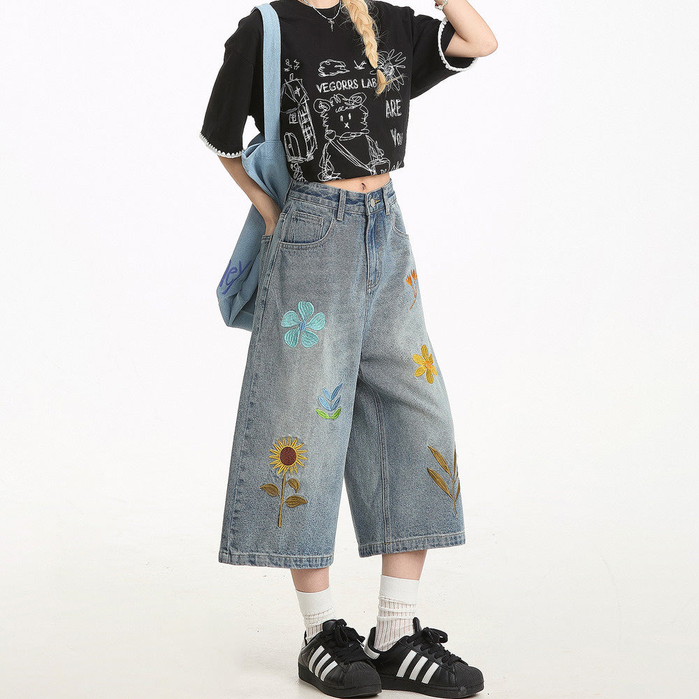 美式復古花卉刺繡高街小眾寬鬆直筒闊腿七分褲牛仔短褲女
