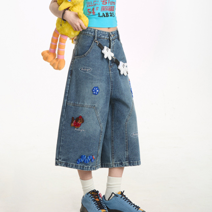 趣味刺繡牛仔七分褲女夏季做舊水洗寬鬆直筒休閒百搭短褲