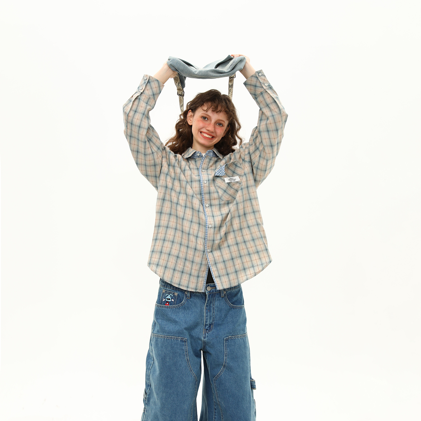 美式復古拼接格紋設計感長袖襯衫女秋季新款小眾潮牌襯衣