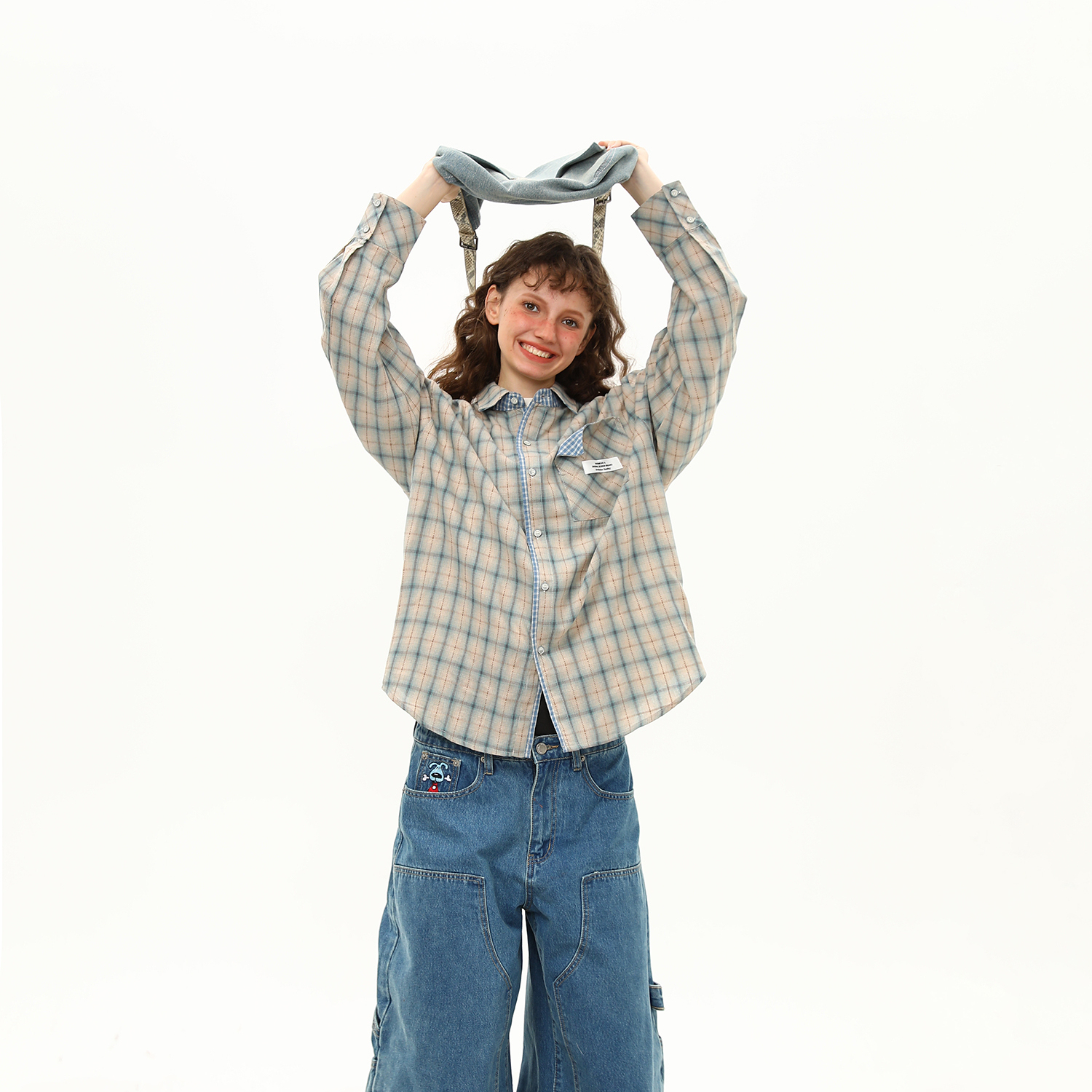 美式復古拼接格紋設計感長袖襯衫女秋季新款小眾潮牌襯衣