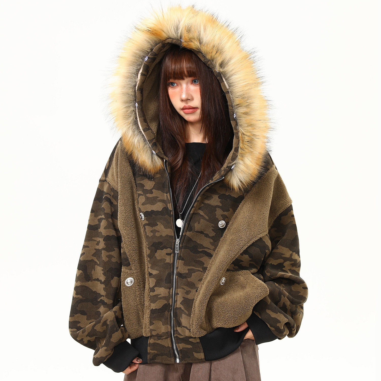 美式街頭迷彩拼接毛領外套女冬季保暖加絨短款棉服棉襖