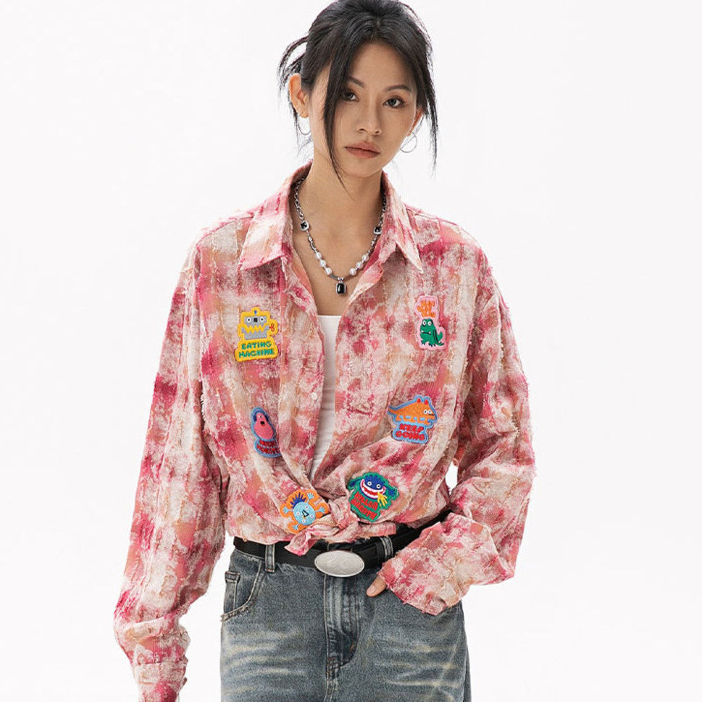 美式復古貼布刺繡卡通長袖襯衫女小香風磨毛上衣