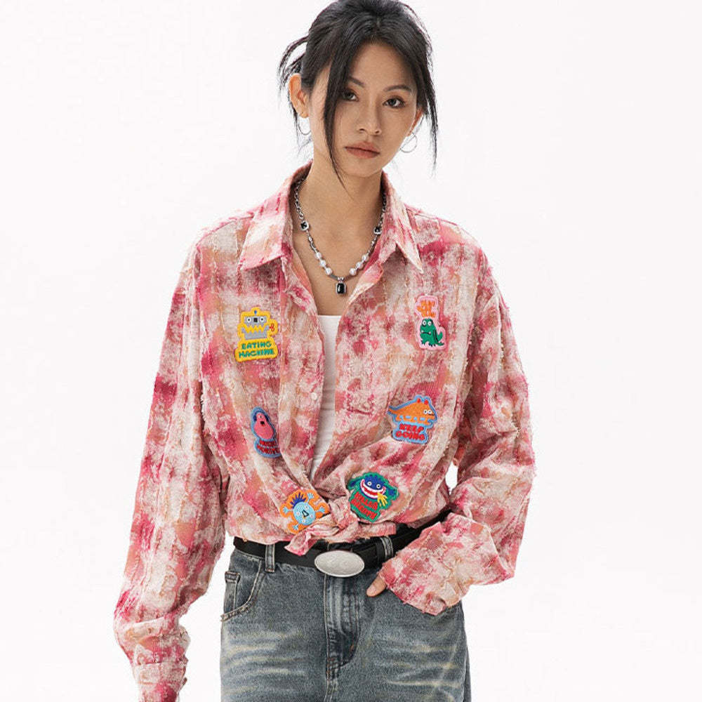 美式復古貼布刺繡卡通長袖襯衫女小香風磨毛上衣