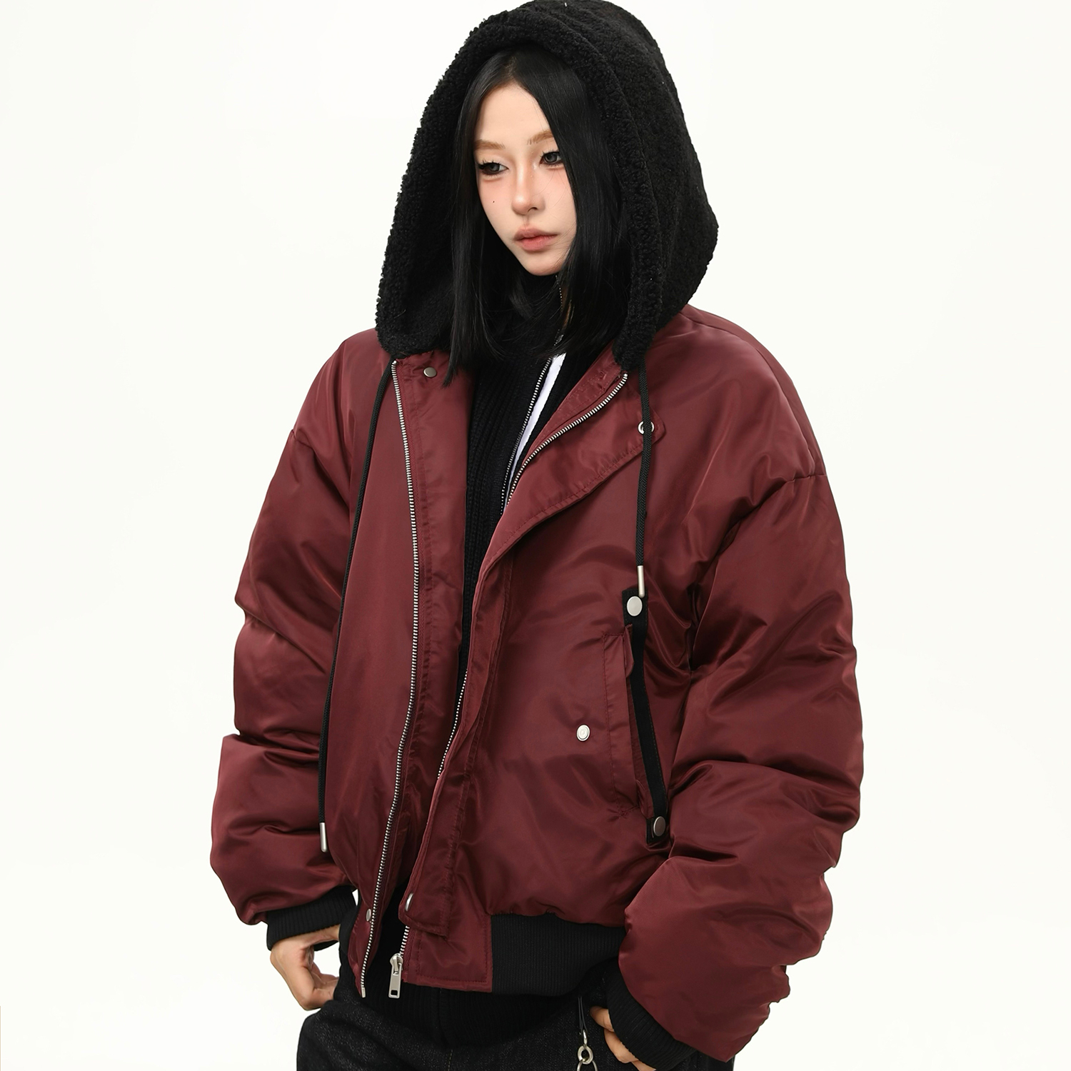 冬季加厚飛行員連帽棉服外套女美式復古寬鬆百搭棉衣