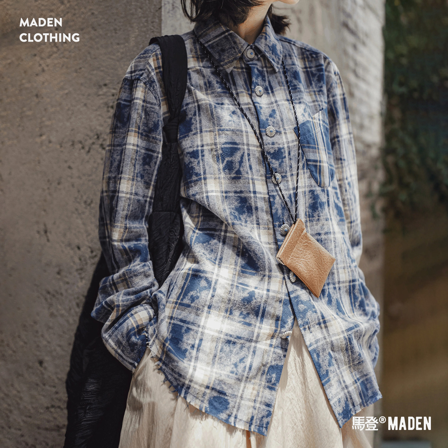 美式復古藏青色格子紋翻領寬鬆磨毛長袖休閒襯衫上衣外套女秋