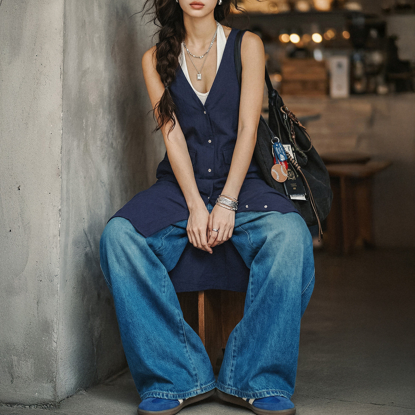 深V領外搭疊穿無袖馬夾甲背心工裝連衣裙子開叉衫外套女士春