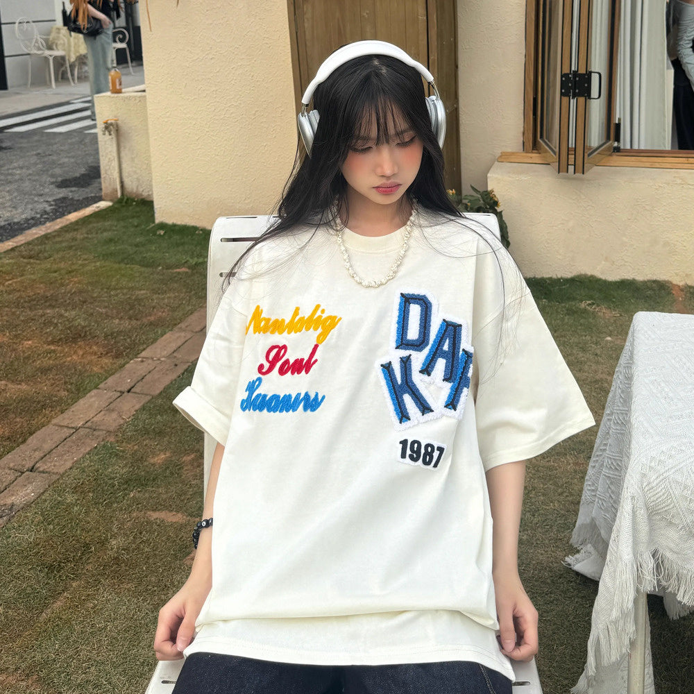 美式植絨字母印花短袖寬鬆夏季T恤女上衣半袖