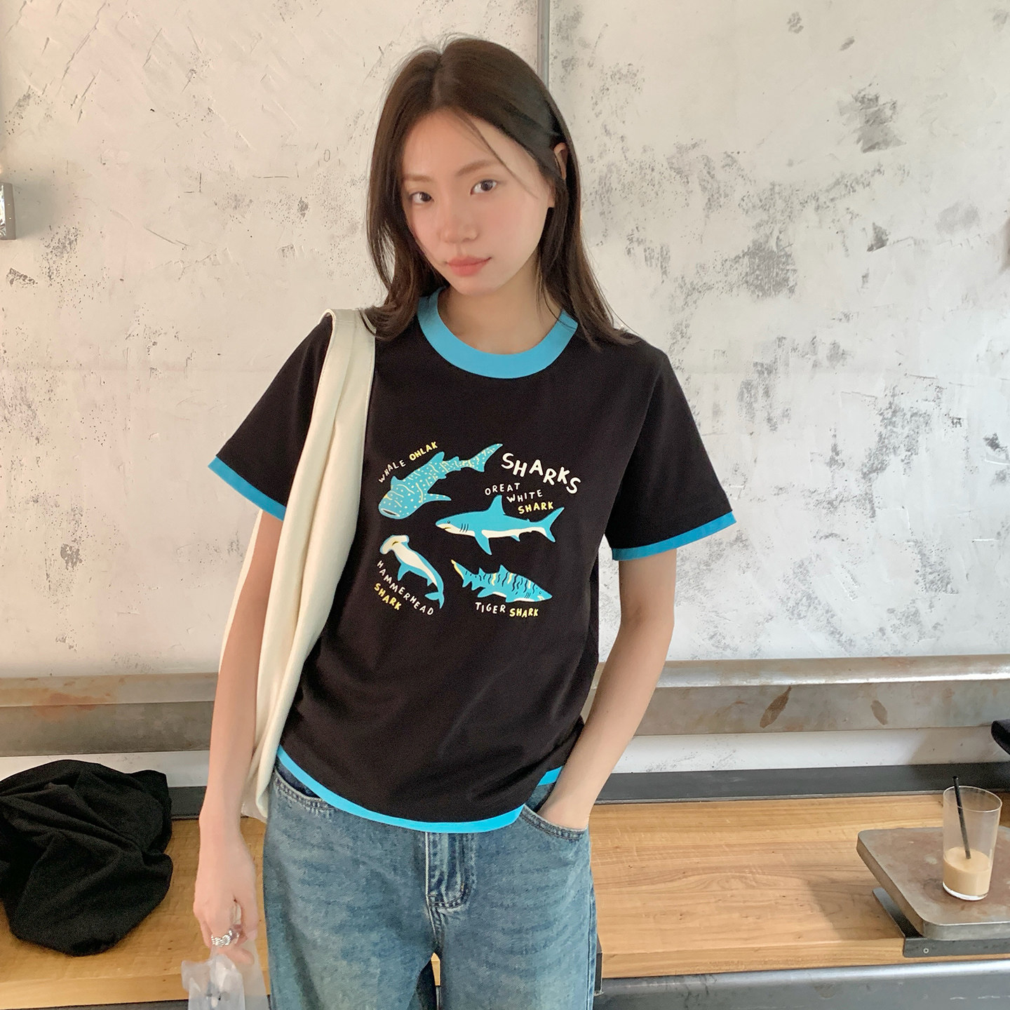 復古假兩件童趣印花t恤短袖女夏撞色百搭純棉正肩上衣