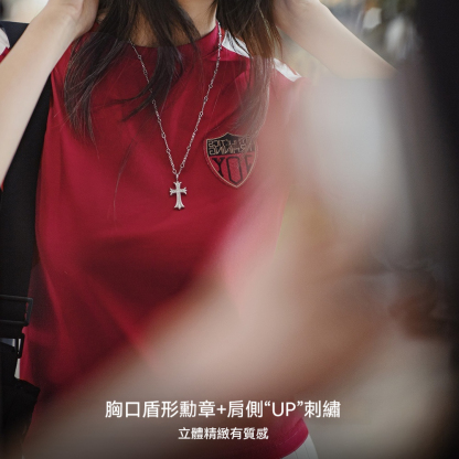 勃艮第紅美式復古運動短袖球衣休閒通勤修身足球寶貝上衣夏女