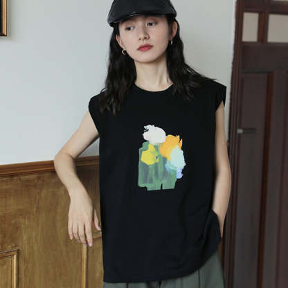 黑色油畫復古港風短袖印花無袖背心T恤女2025年夏季薄款凉快上衣