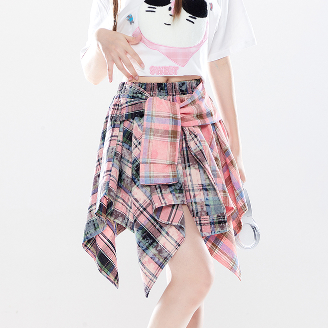 美式甜酷風格子不規則短裙夏新款設計感小眾撞色跳舞半身裙