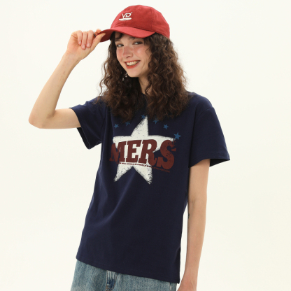 正肩T恤女美式復古星星印花夏季設計感短款寬鬆短袖上衣
