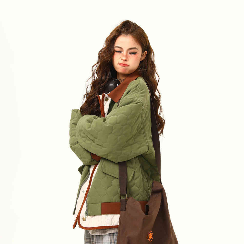 美式復古拼接夾棉棉服外套女冬季撞色氛圍感保暖棉衣