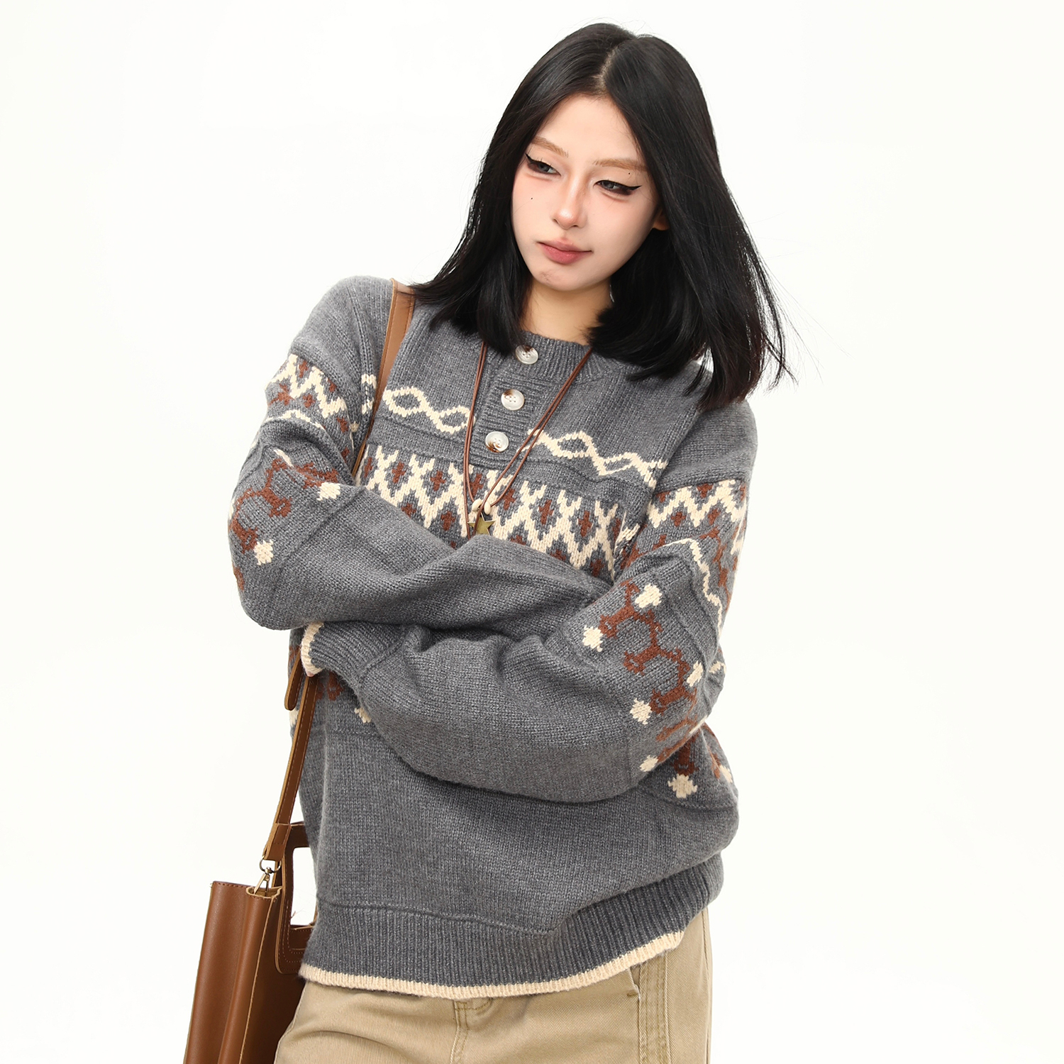 秋冬新款美式復古針織衫毛衣女寬鬆慵懶風套頭上衣