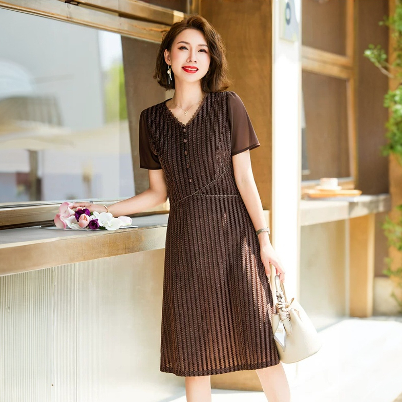 夏裝氣質連衣裙中年婦女長裙中老年夏季大碼短袖裙子