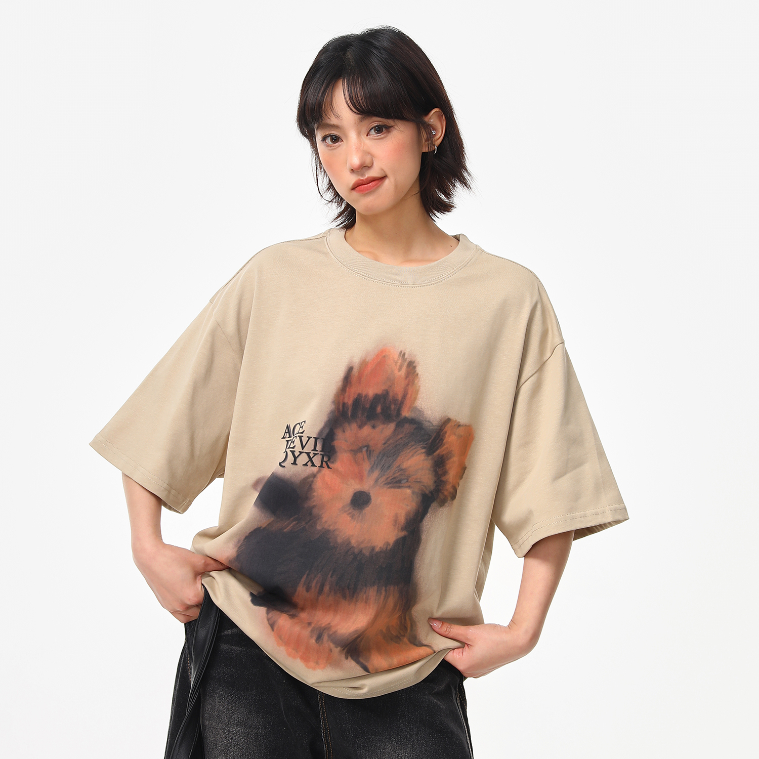美式復古手繪小狗印花短袖T恤女夏季寬鬆百搭圓領上衣