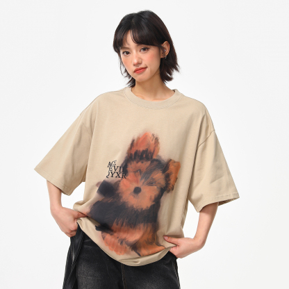 美式復古手繪小狗印花短袖T恤女夏季寬鬆百搭圓領上衣