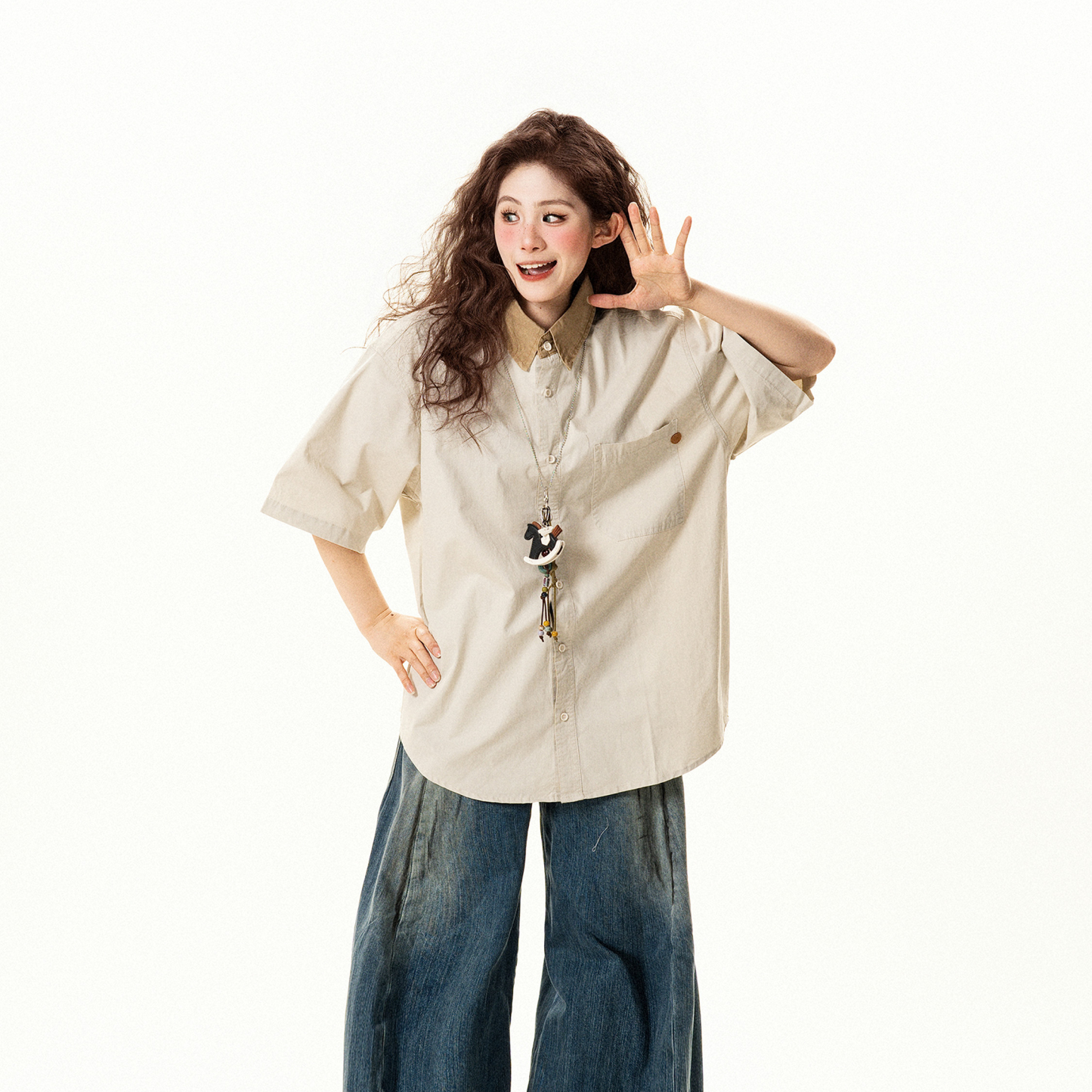 美式復古寬鬆撞色翻領短袖襯衫女夏季設計感休閒百搭襯衣