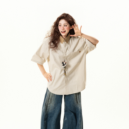 美式復古寬鬆撞色翻領短袖襯衫女夏季設計感休閒百搭襯衣