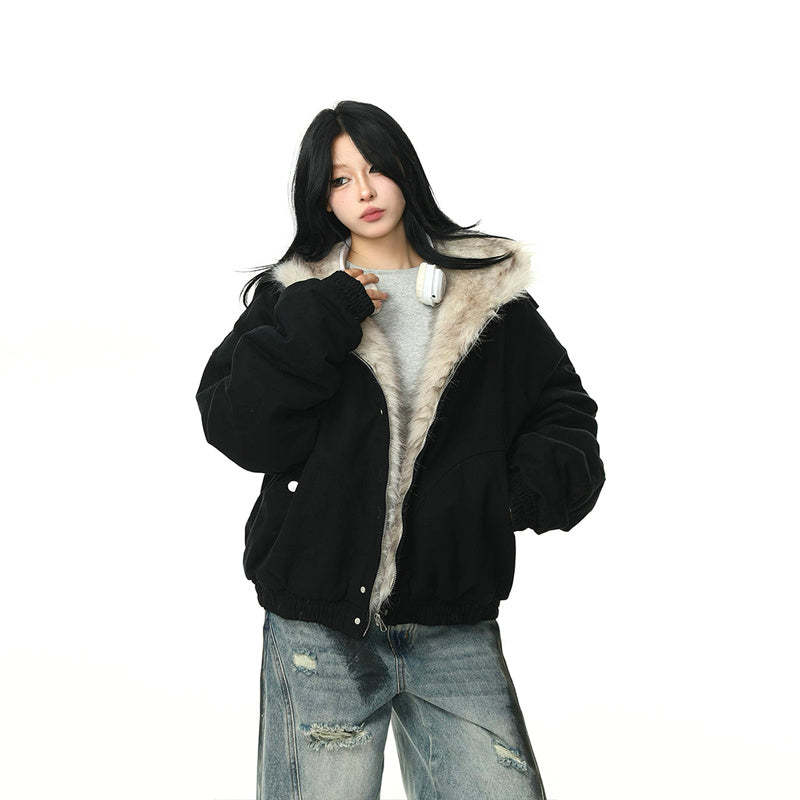 美式復古座山雕毛領外套女冬季加絨加厚保暖潮牌棉服
