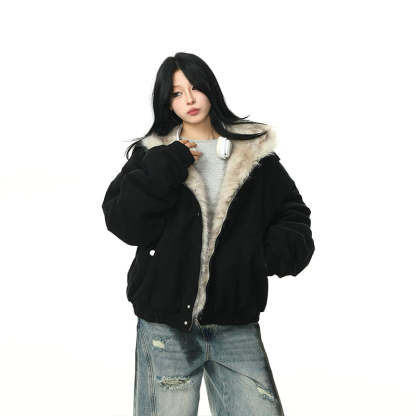 美式復古座山雕毛領外套女冬季加絨加厚保暖潮牌棉服
