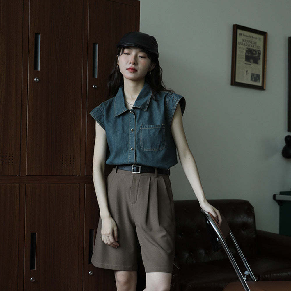 牛仔深藍色百搭簡約氣質復古設計感無袖襯衫女夏季新款時尚上衣