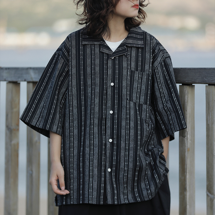 日系復古棉麻條紋短袖襯衫休閒古巴領寬鬆半袖襯衣